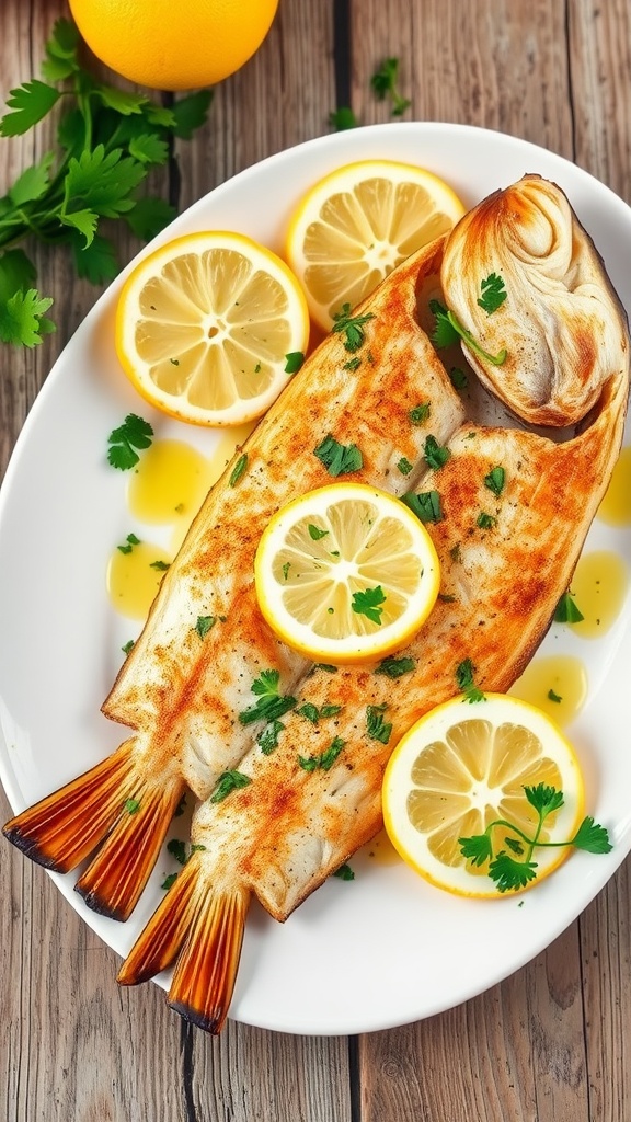 Baked fish fillet garnished with lemon and parsley on a white plate.